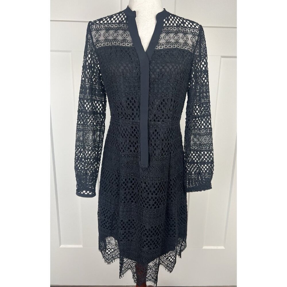 Elie Tahari Lace Overlay Cocktail Dress Black Scalloped Hem Long Sleeve Size 6